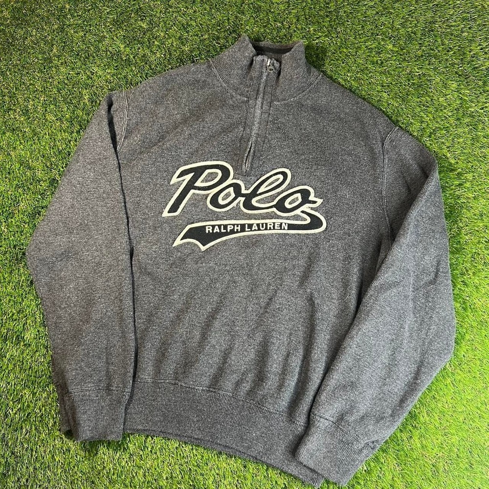 Polo Ralph Lauren Quarter Zip Knit Sweater Spell Out Logo Gray Mens XL Cotton